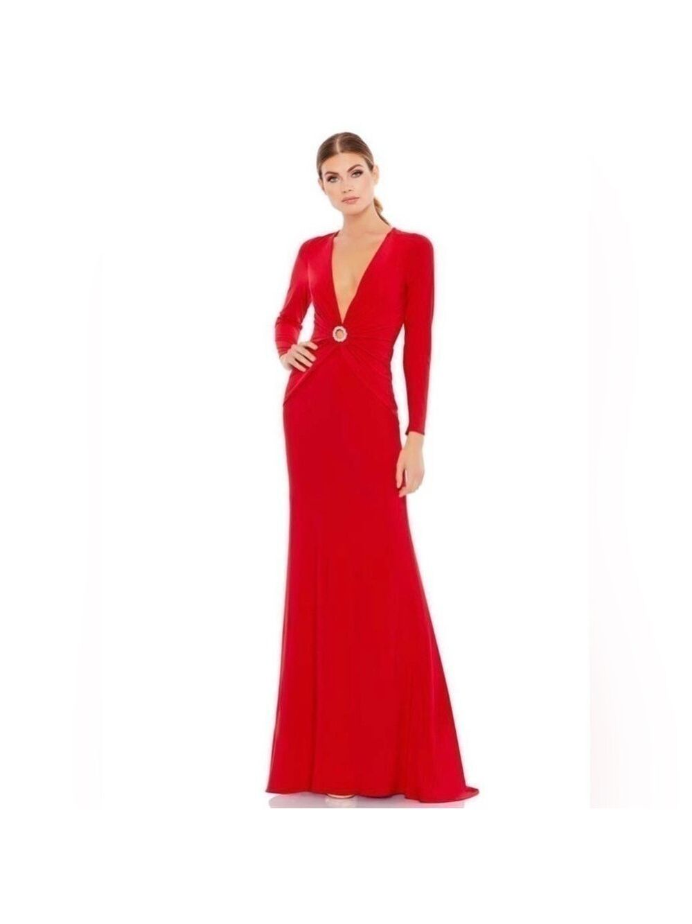 Nwt Ieena by Mac Duggal Gathered Pearl Long Sleeve Keyhole Gown Dress in Red